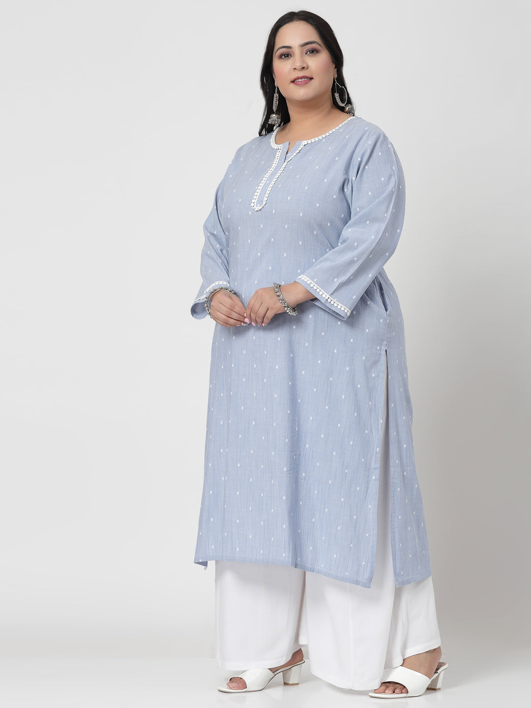 Women Sky Blue Plus Size Swiss-Dot Kurta With Lace - Kashyap Global Lifestyles LLP