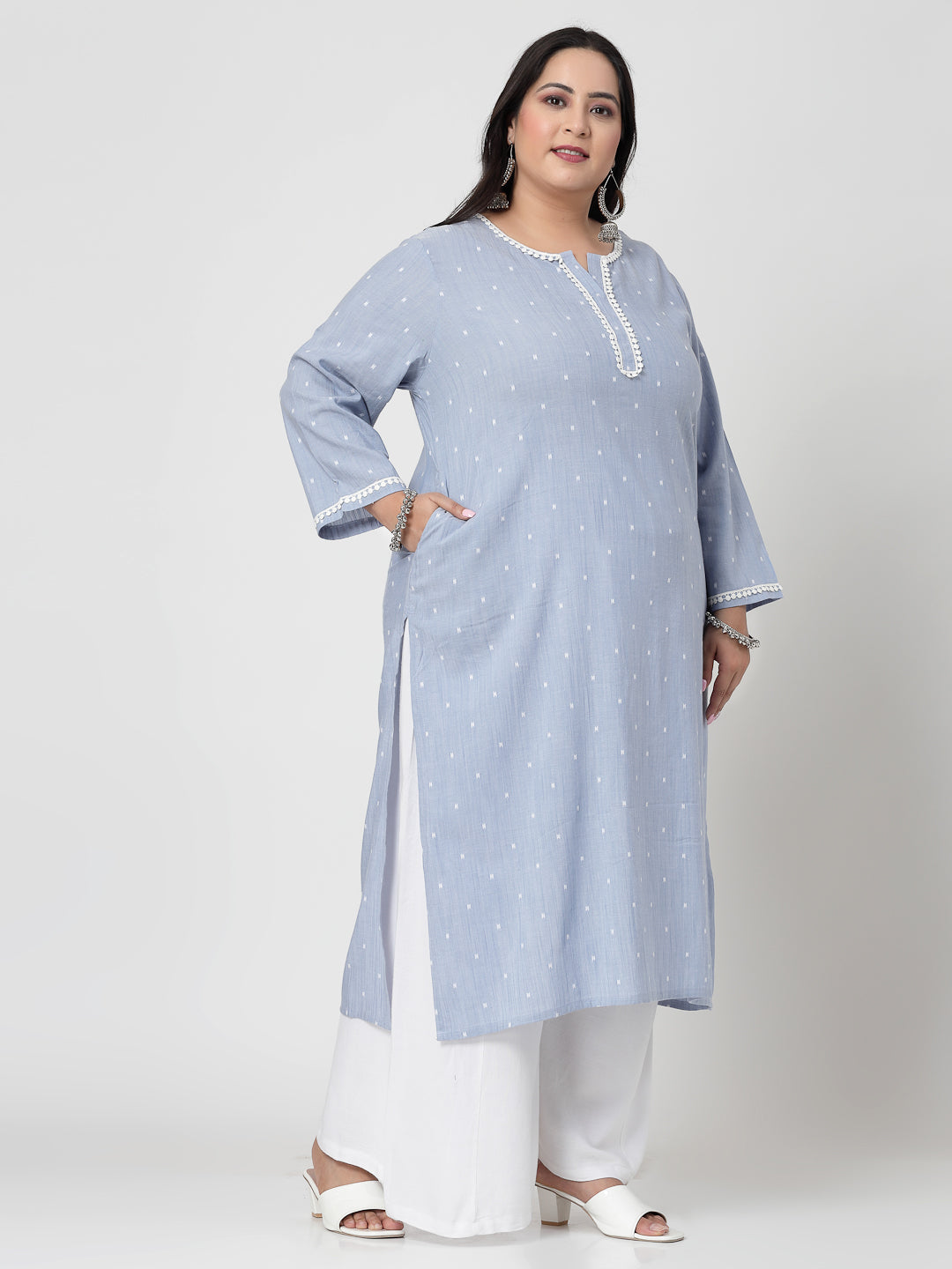 Women Sky Blue Plus Size Swiss-Dot Kurta With Lace - Kashyap Global Lifestyles LLP