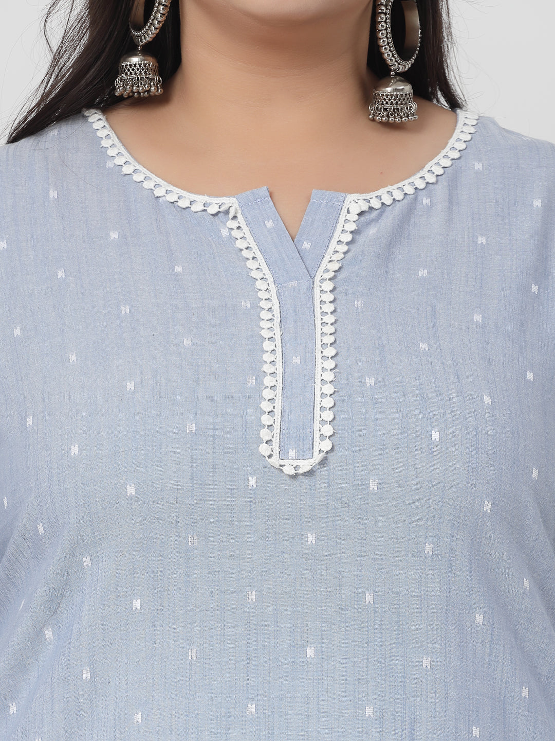 Women Sky Blue Plus Size Swiss-Dot Kurta With Lace - Kashyap Global Lifestyles LLP