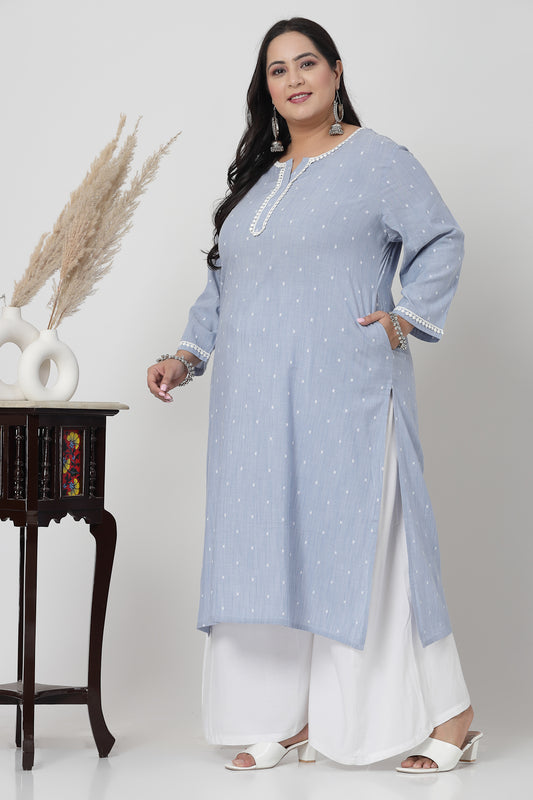 Women Sky Blue Plus Size Swiss-Dot Kurta With Lace - Kashyap Global Lifestyles LLP