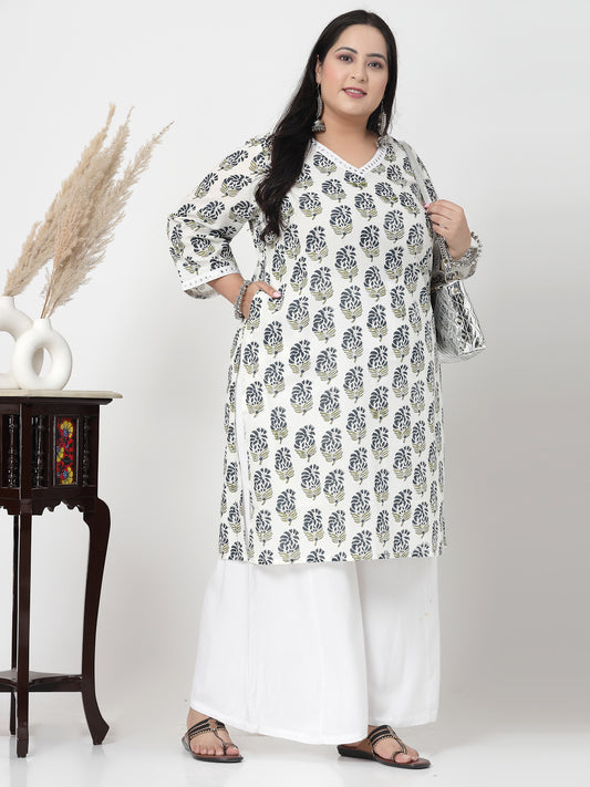 Women Plus Size White Handblock Printed V-Neck Mirror Work Kurta - Kashyap Global Lifestyles LLP