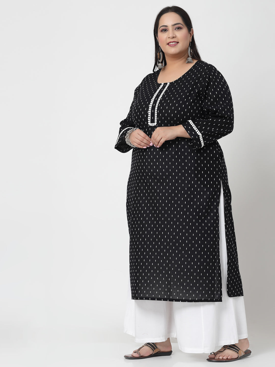 Women Plus Size Black Woven Design Kurta With Lace - Kashyap Global Lifestyles LLP