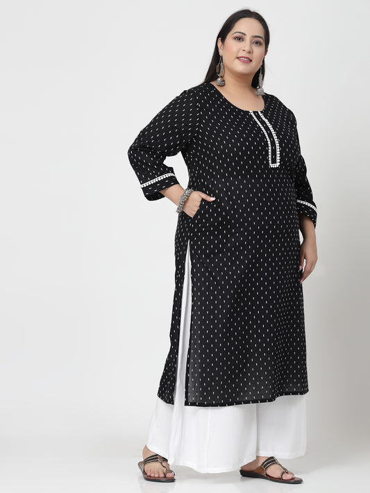 Women Plus Size Black Woven Design Kurta With Lace - Kashyap Global Lifestyles LLP