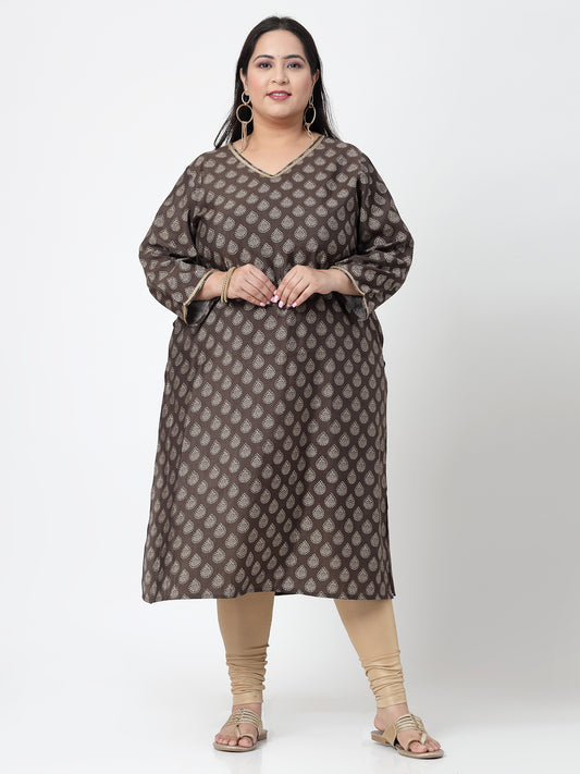 Women Plus Size Brown Ethnic Motifs Printed Sequinned Kurta - Kashyap Global Lifestyles LLP