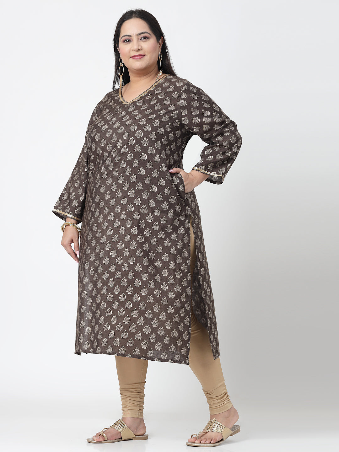 Women Plus Size Brown Ethnic Motifs Printed Sequinned Kurta - Kashyap Global Lifestyles LLP