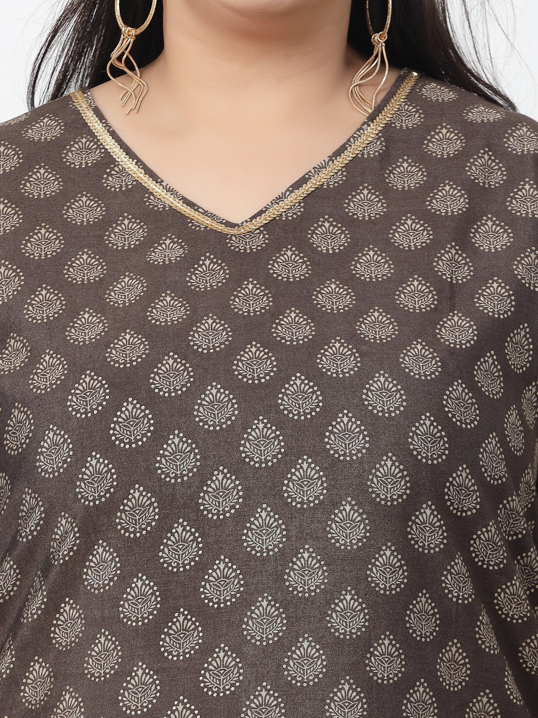 Women Plus Size Brown Ethnic Motifs Printed Sequinned Kurta - Kashyap Global Lifestyles LLP