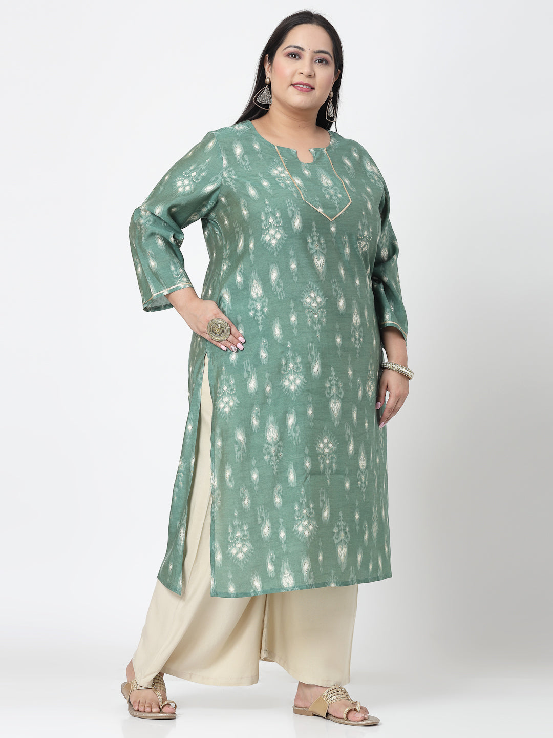 Women Plus Size Green Ethnic Motifs Printed Gotta Patti Kurta - Kashyap Global Lifestyles LLP