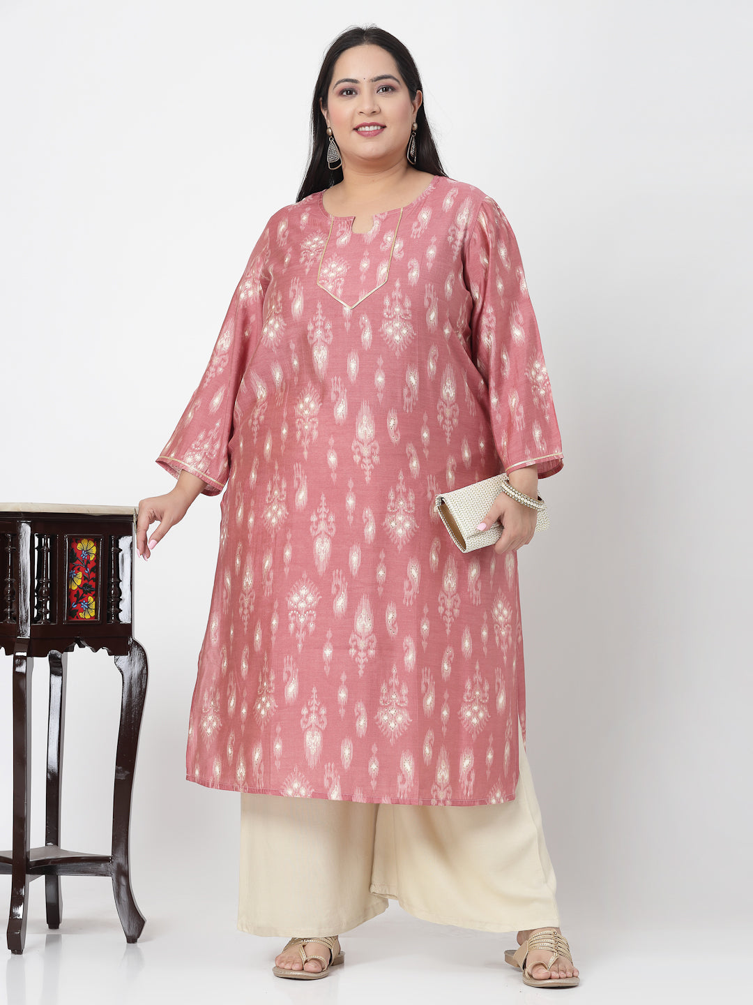 Women Plus Size Pink Ethnic Motifs Printed Gotta Patti Kurta - Kashyap Global Lifestyles LLP