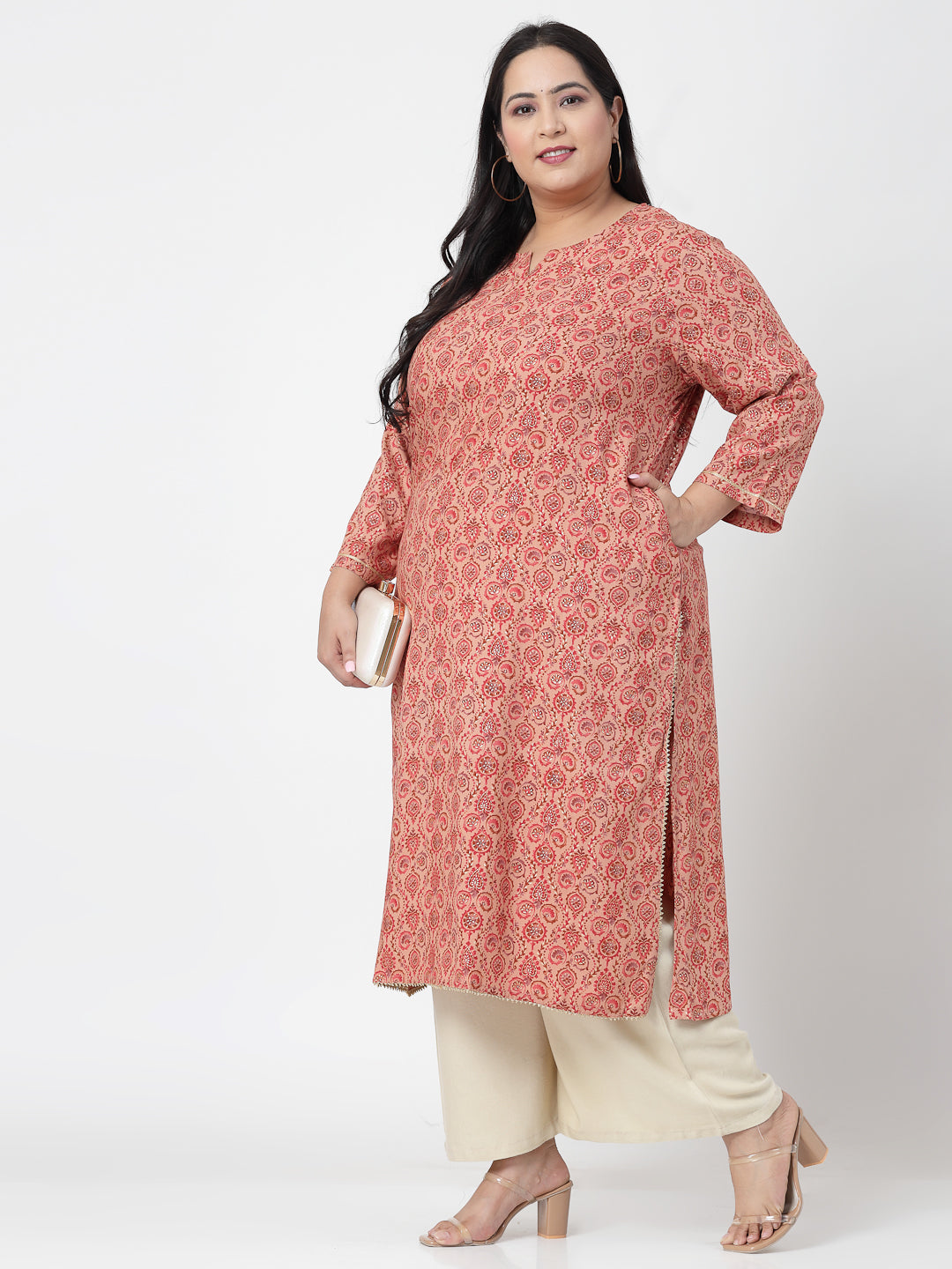 Women Plus Size Pink Kurta With Lace - Kashyap Global Lifestyles LLP