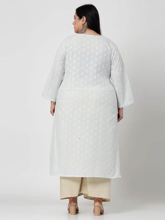 Women Sky Blue Plus Size Cotton Dobby Kurta With Lace - Kashyap Global Lifestyles LLP