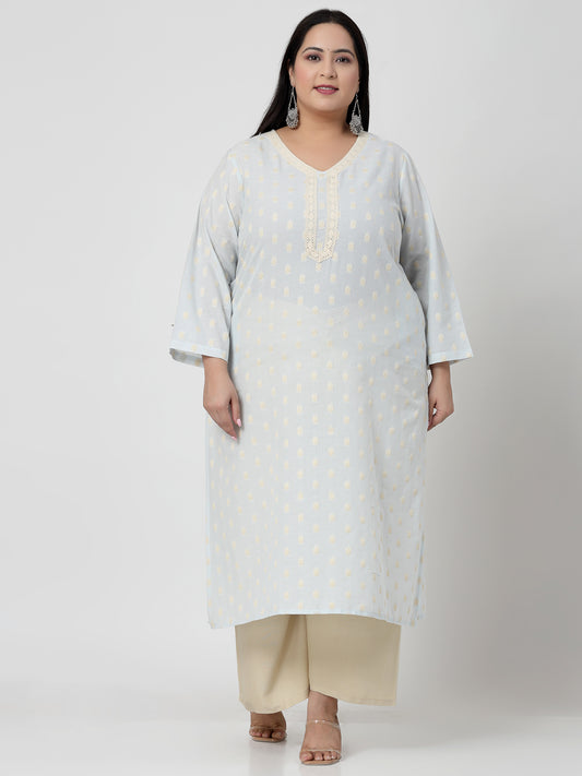 Women Sky Blue Plus Size Cotton Dobby Kurta With Lace - Kashyap Global Lifestyles LLP