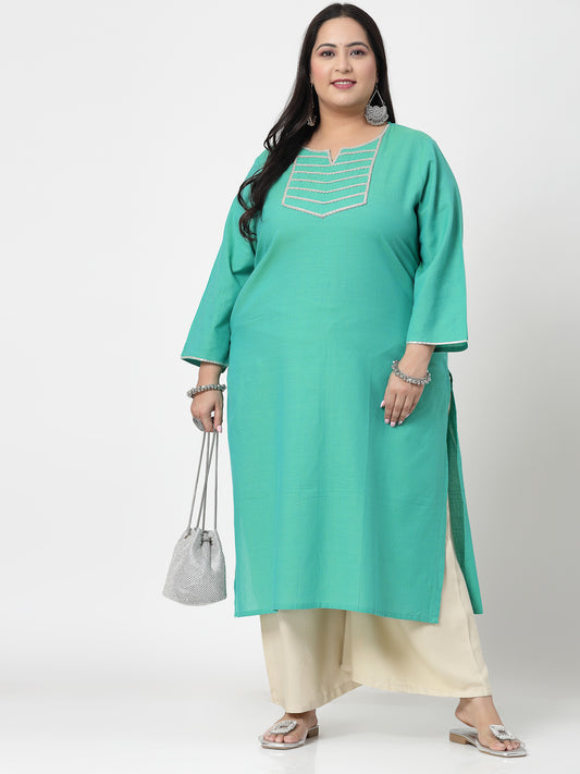 Women Plus Size Light Green Festive Kurta With Lace - Kashyap Global Lifestyles LLP