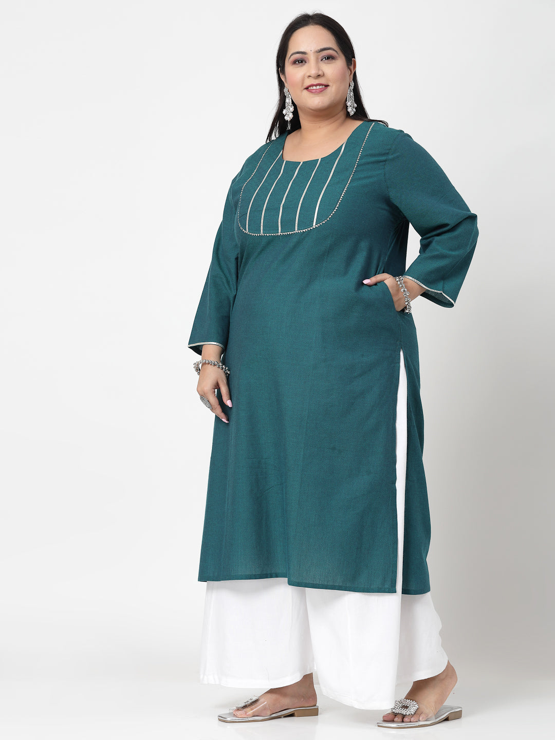 Women Plus Size Dark Green Festive Kurta With Lace - Kashyap Global Lifestyles LLP