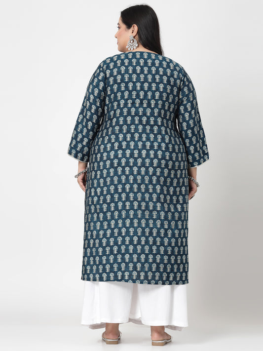 Women Plus Size Blue Printed Kurta With Lace - Kashyap Global Lifestyles LLP
