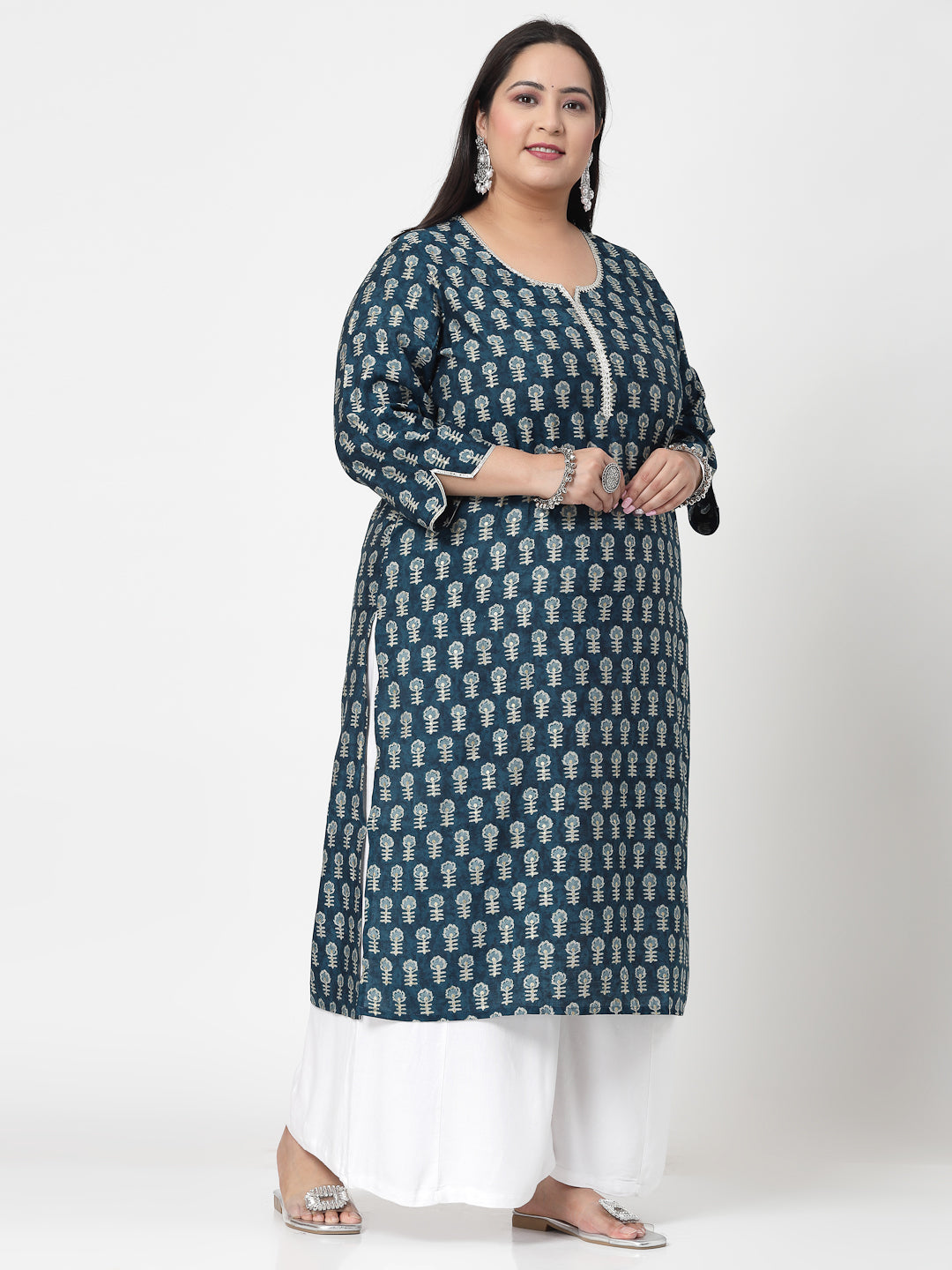 Women Plus Size Blue Printed Kurta With Lace - Kashyap Global Lifestyles LLP