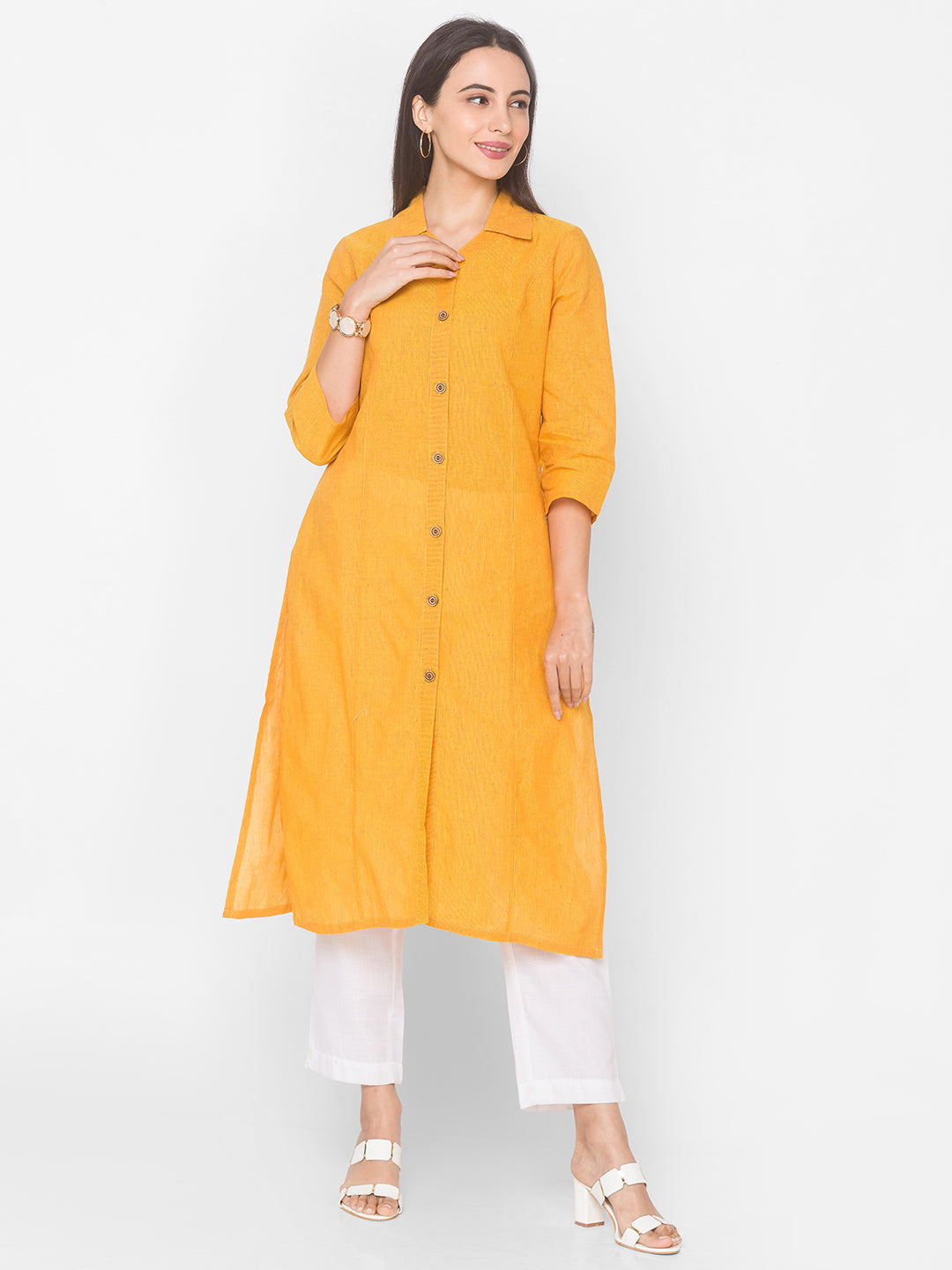 Mustard Collar Neck Straight Kurta - Kashyap Global Lifestyles LLP