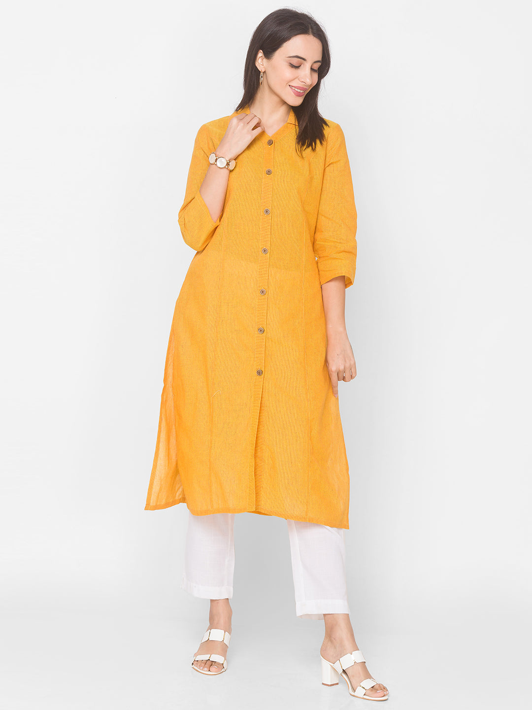 Mustard Collar Neck Straight Kurta - Kashyap Global Lifestyles LLP