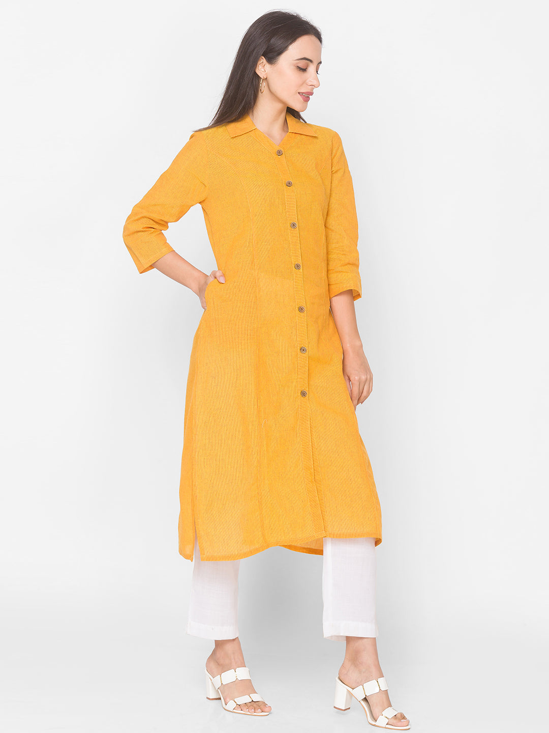 Mustard Collar Neck Straight Kurta - Kashyap Global Lifestyles LLP