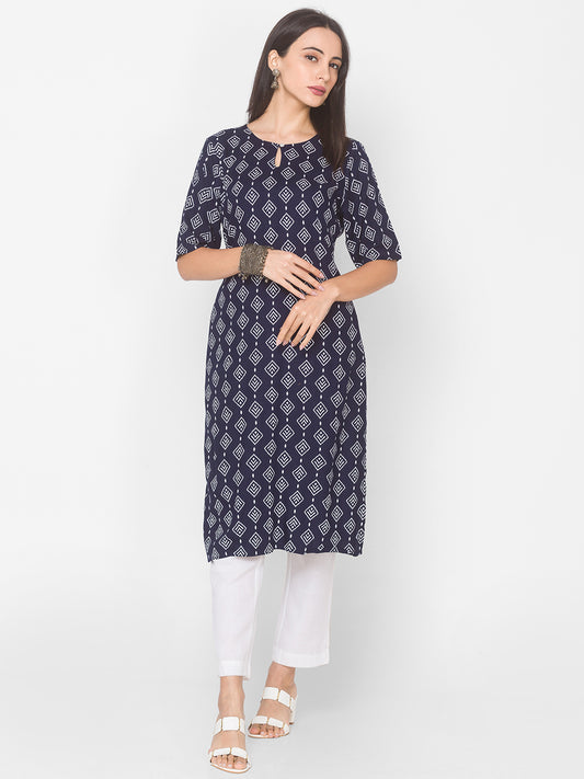 Women Navy Blue Printed Keyhole Neck Straight Kurta - Kashyap Global Lifestyles LLP