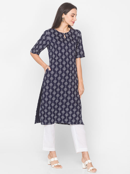 Women Navy Blue Printed Keyhole Neck Straight Kurta - Kashyap Global Lifestyles LLP