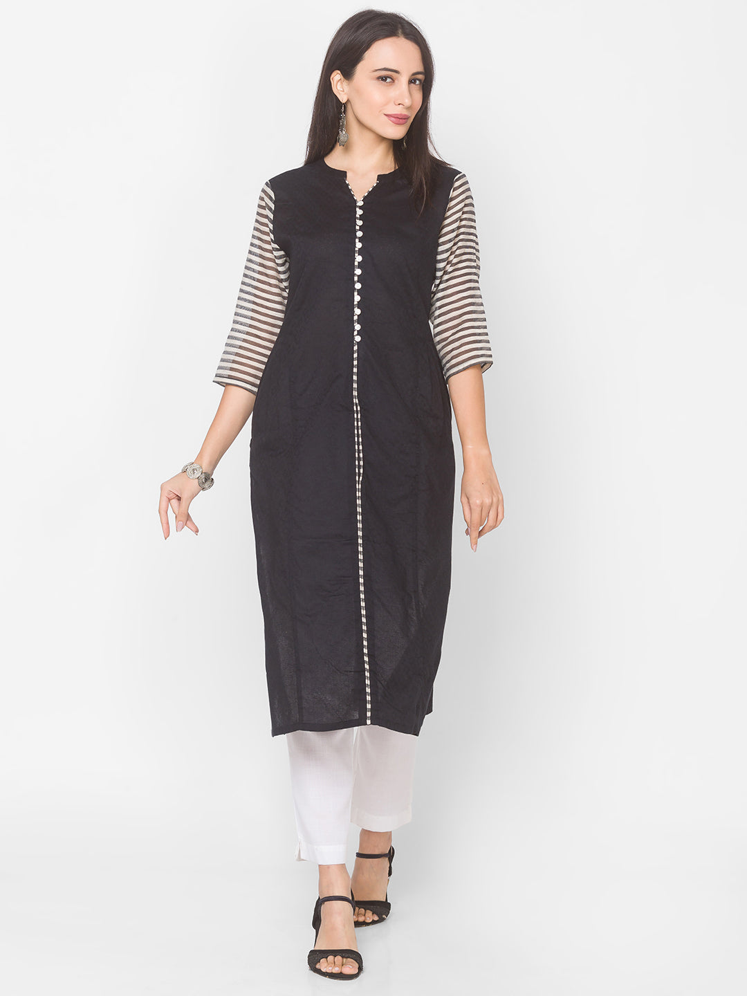 Women Cotton Straight Kurta With Contrast Sleeve - Kashyap Global Lifestyles LLP